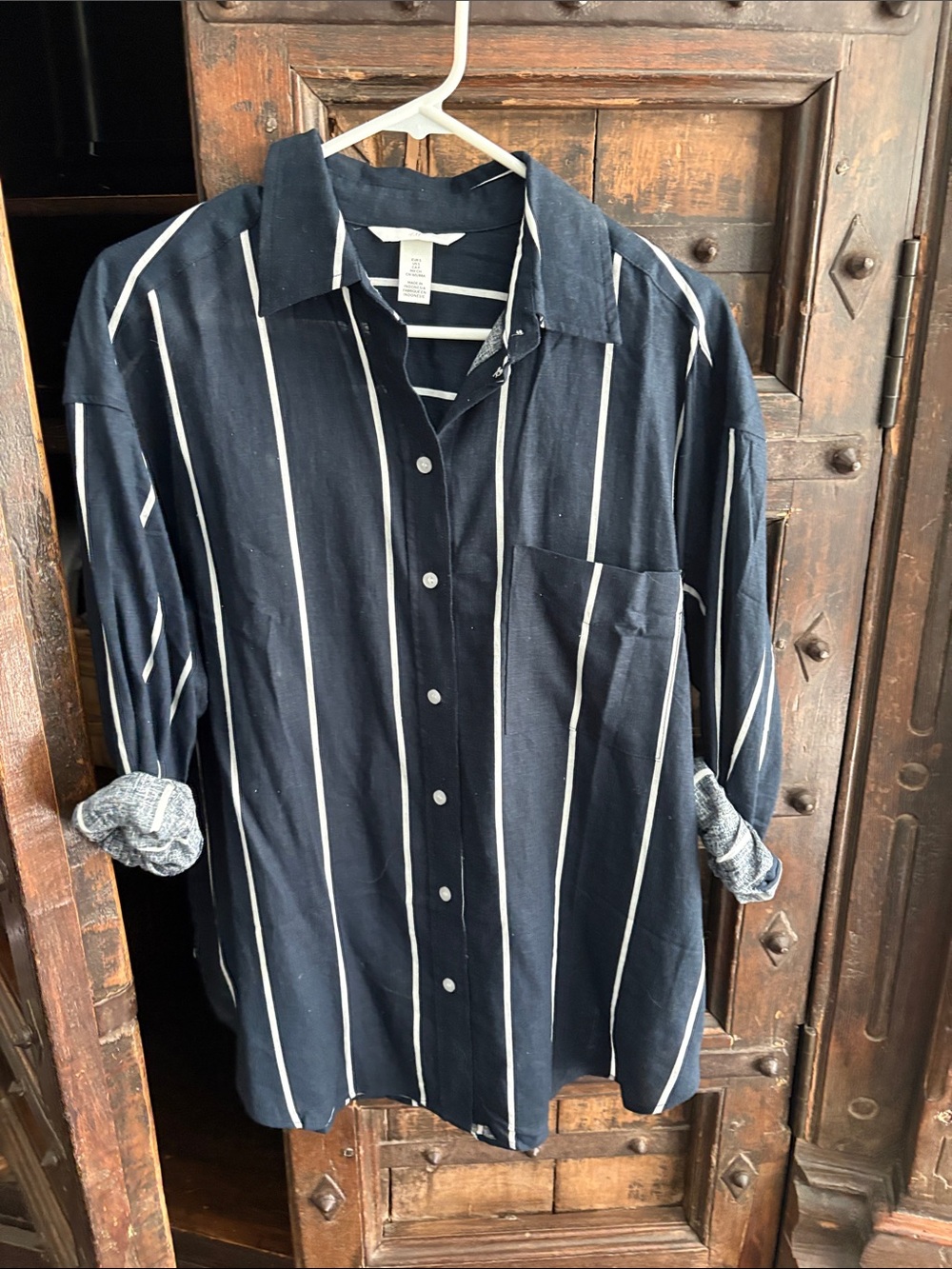 H&M Navy Blue Button-Down Shirt with White Vertical Stripes